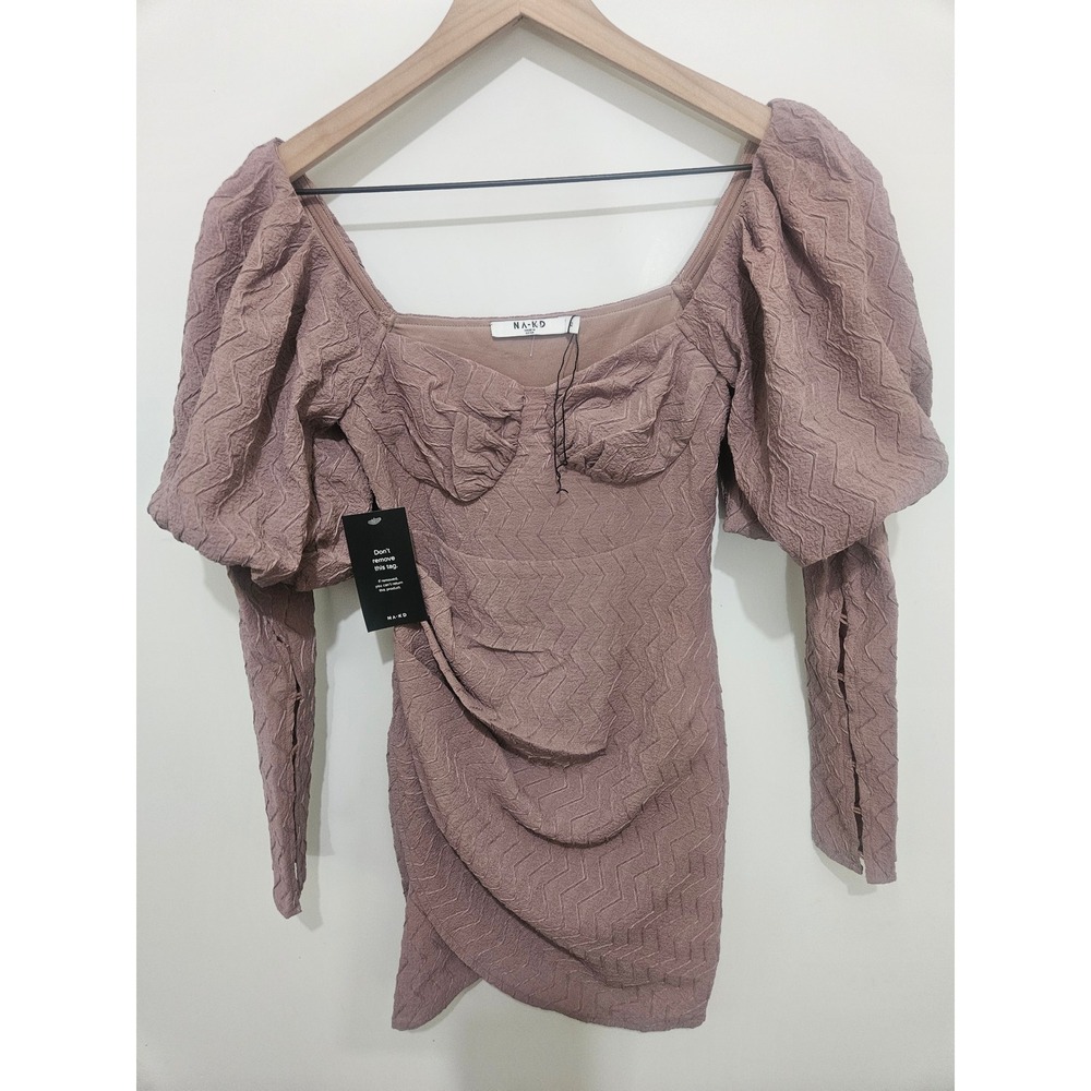 NA-KD Structured Cups Detail Mini Dress Mauve‎ Textured Puff Sleeve Size 32 NWT